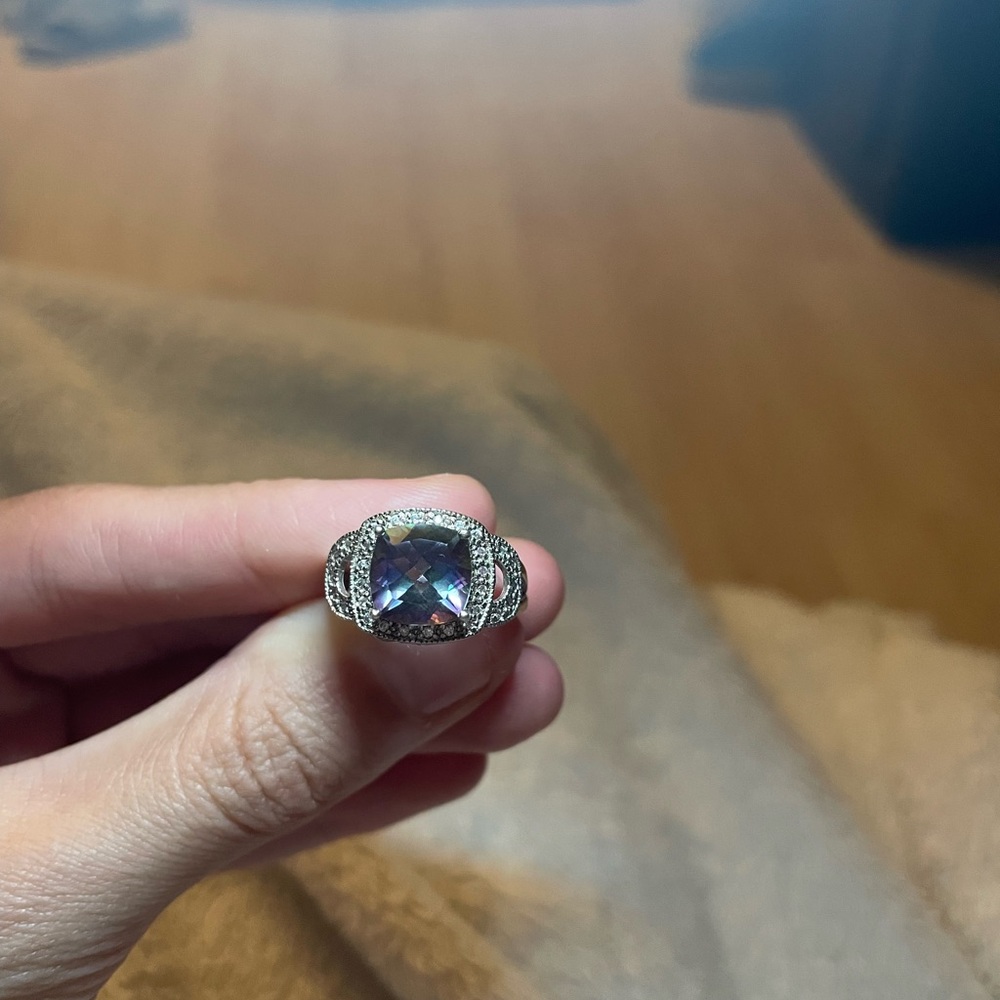 Sterling Silver Cushion-Cut Mystic Topaz, White Topaz Encrusted Halo Step Ring